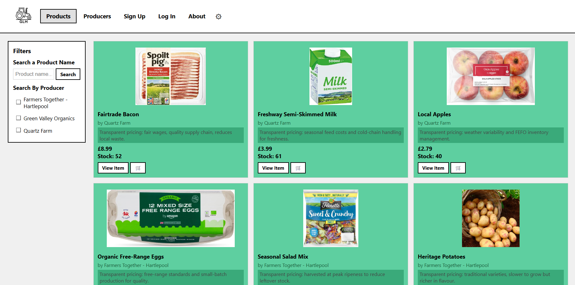 GLH products listing page