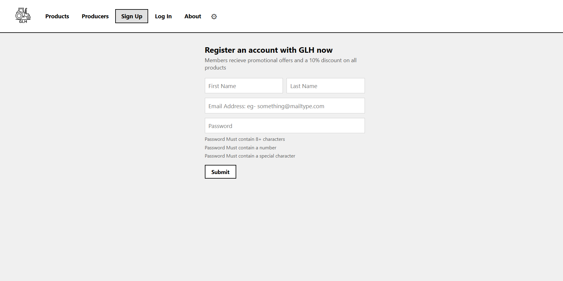 GLH sign up page