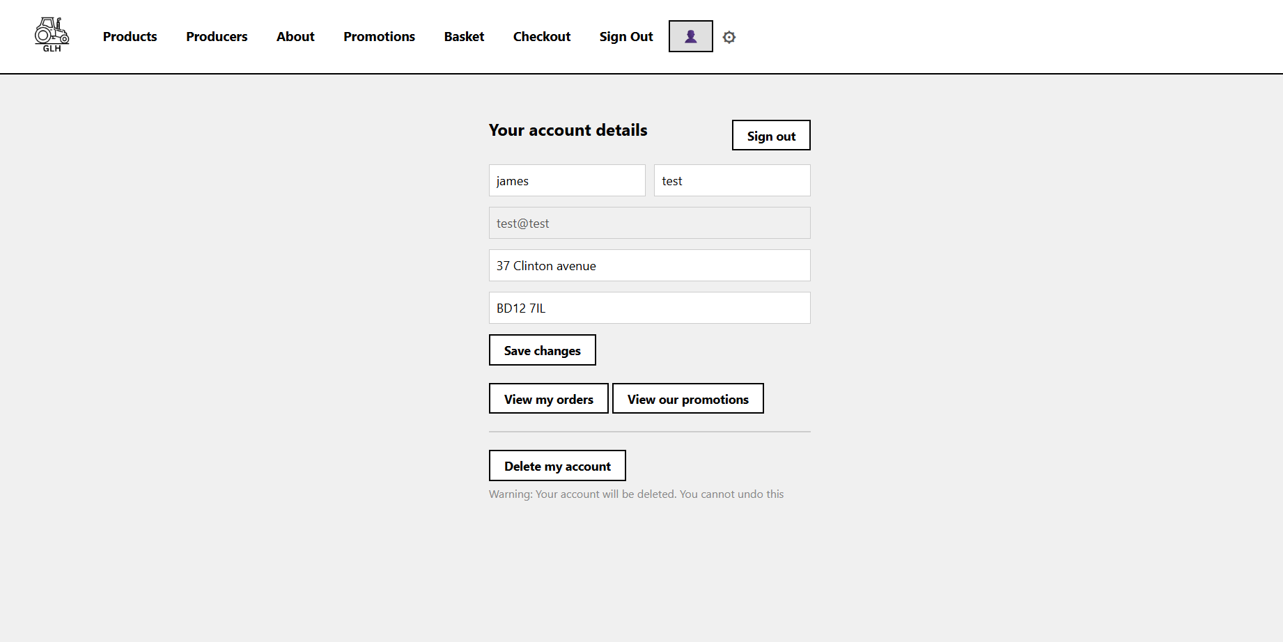 GLH account details page
