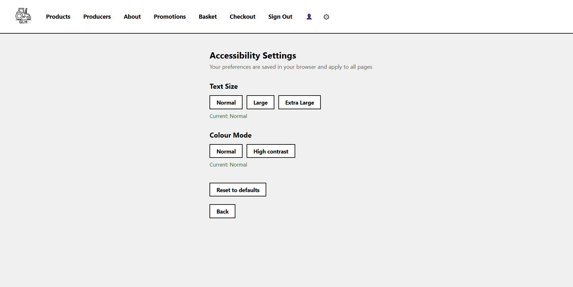 GLH accessibility settings, normal mode