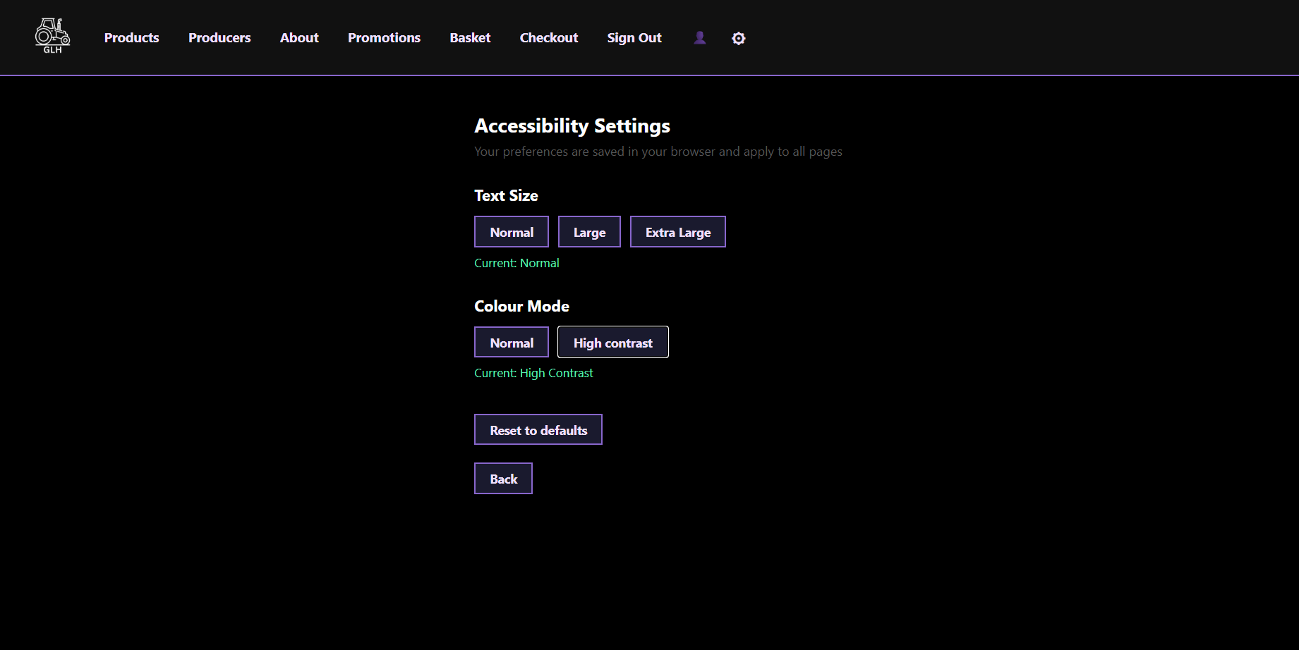 GLH accessibility settings, high contrast mode