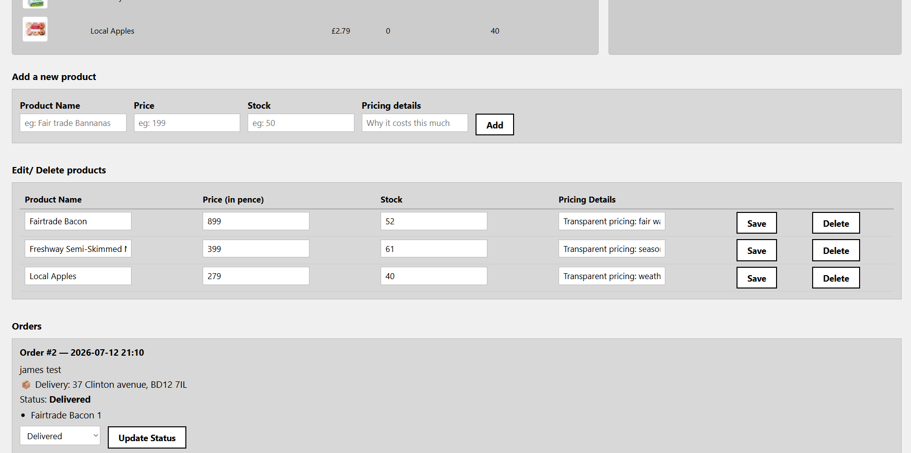 GLH producer dashboard, edit products and orders